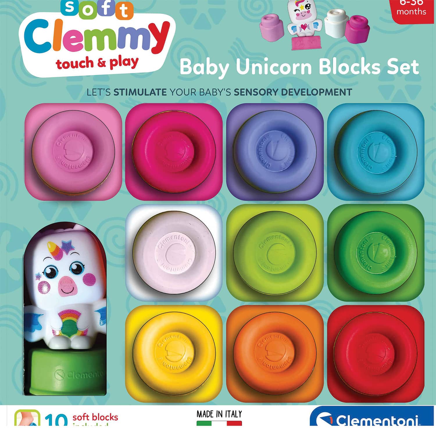 "BABY DRAGON BLOCKS SET" Σετ 10 Μαλακά Τουβλάκια & Φιγουράκι Μονόκερος Για 3+ Ετών CLEMENTONI